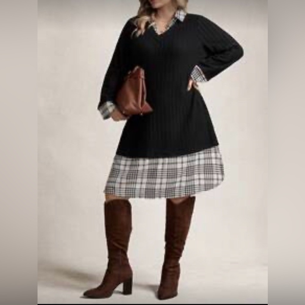 Black Long-Sleeve V-Neck Dress with Plaid Trim